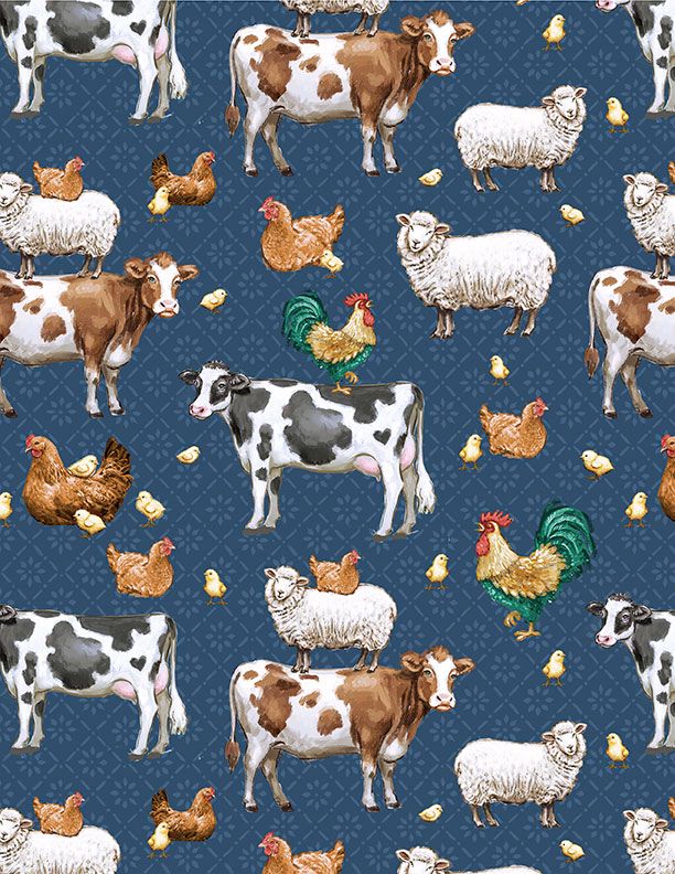 Animals All Over Blue Friendly Farmstead - Wilmington Prints