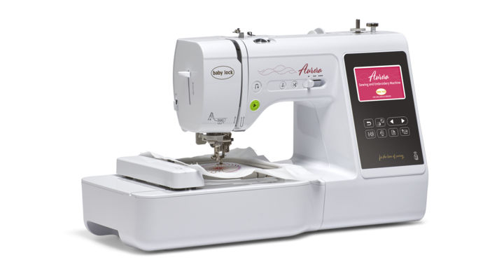 Baby Lock Aurora with embroidery unit, angled view