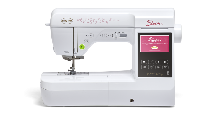 Baby Lock Bloom sewing machine, front view on black