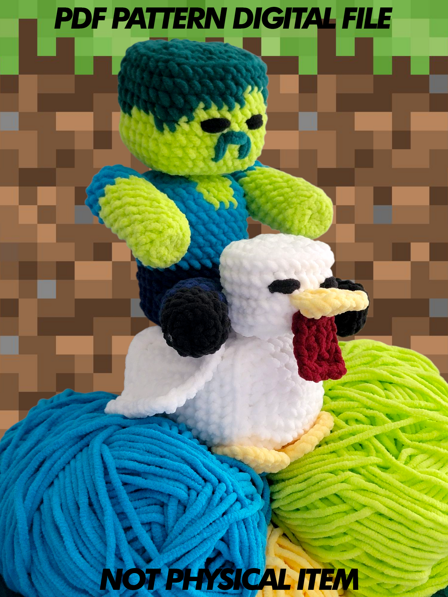 Pixel Art Sitting Zombie and Emotional Support Chicken Crochet Pattern