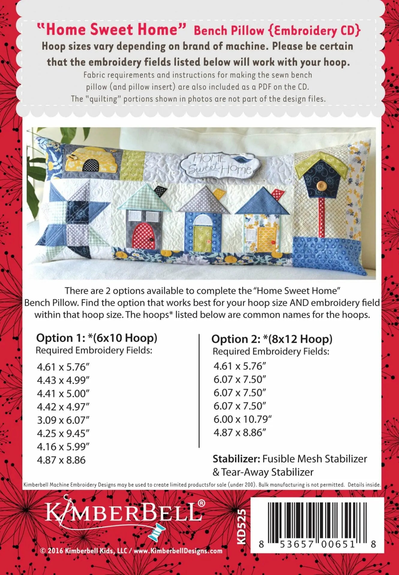 Kimberbell Home Sweet Home Bench Pillow, Machine Embroidery