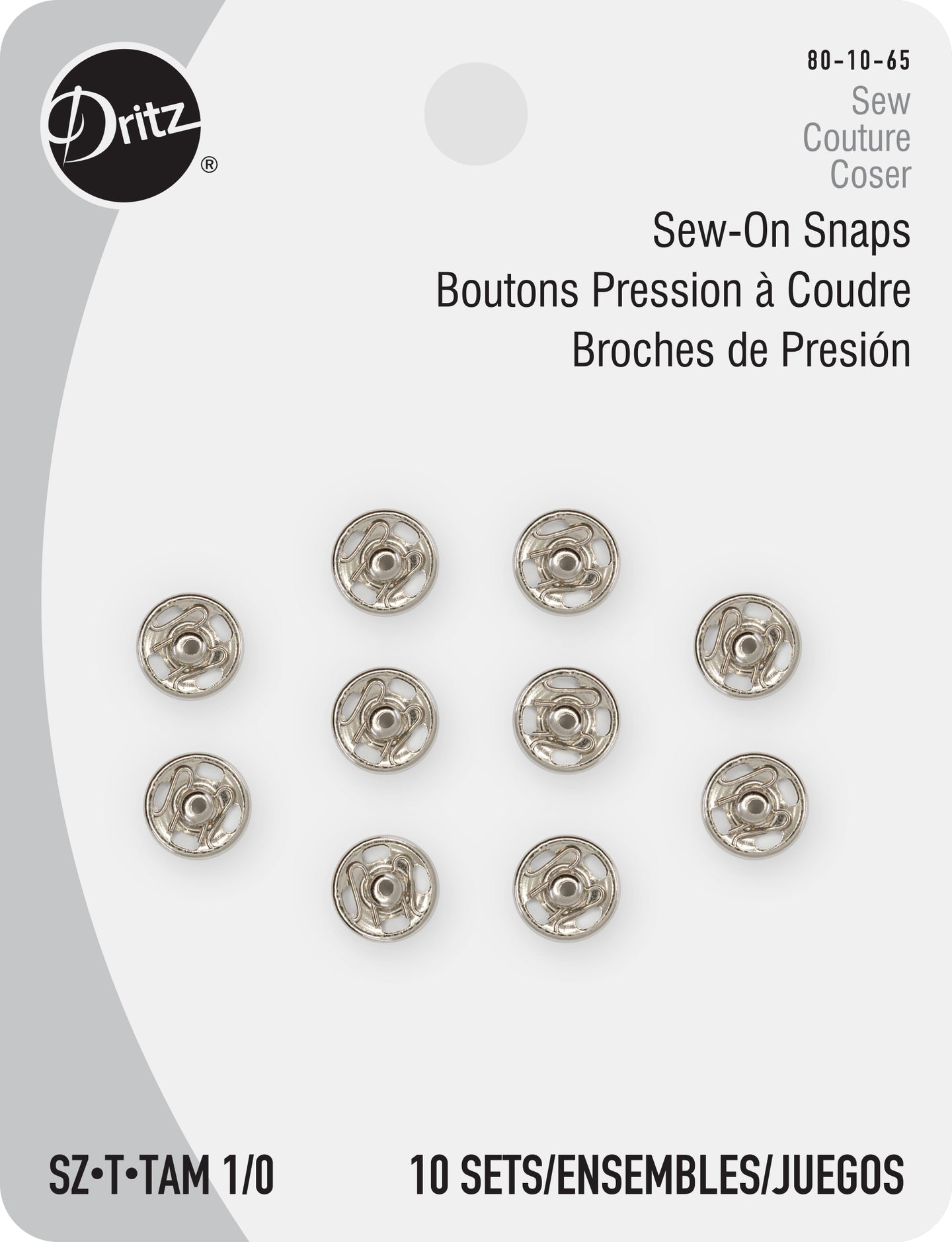 Dritz Sew-On Snaps Size 1/0, 10 Set.