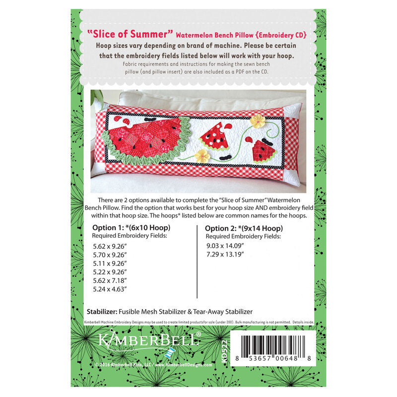 Slice Of Summer Watermelon Bench Pillow Embroidery CD - Kimberbell