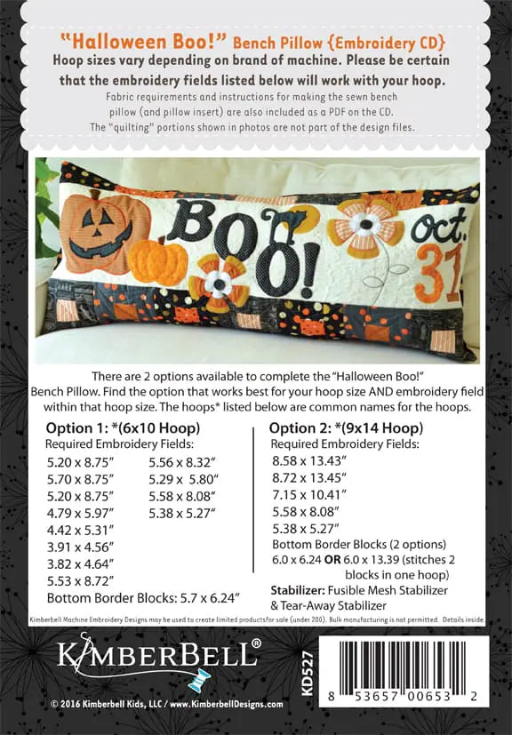 Halloween Boo! Bench Pillow, Machine Embroidery