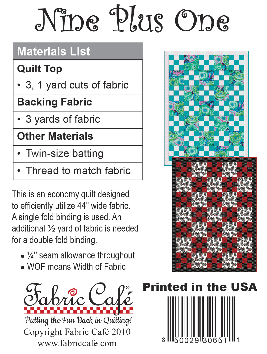 Fabric Cafe Nine Plus One 3-Yard Quilt Pattern