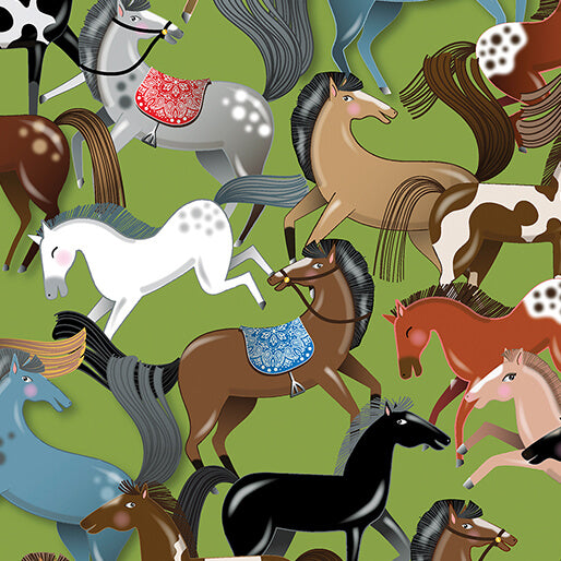Wild Horses Green - Benartex Lil' Buckaroos Collection