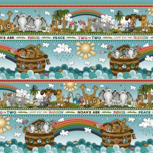 Two by Two Teal Boarder Striped - Henry Glass & Co.