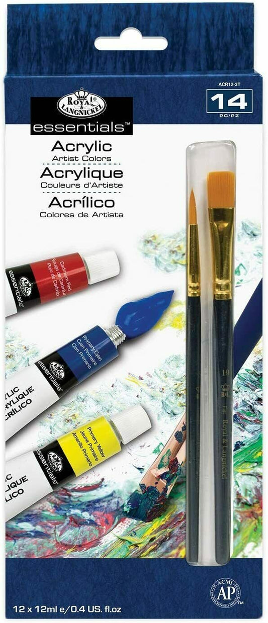 ROYAL & LANGNICKEL 12 X 12ML ACRYLIC PAINT SET WITH 2 BRUSHES