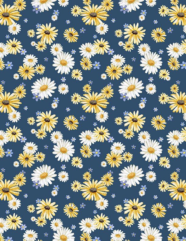 Daisies All Over Blue Friendly Farmstead - Wilmington Prints