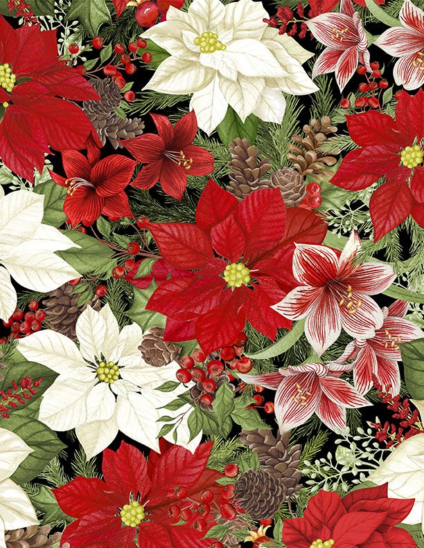 Tartan Holiday Packed Florals Black Wilmington Prints