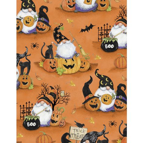 The Boo Crew Scenic Gnomes Orange by Susan Winget for Wilmington Prints