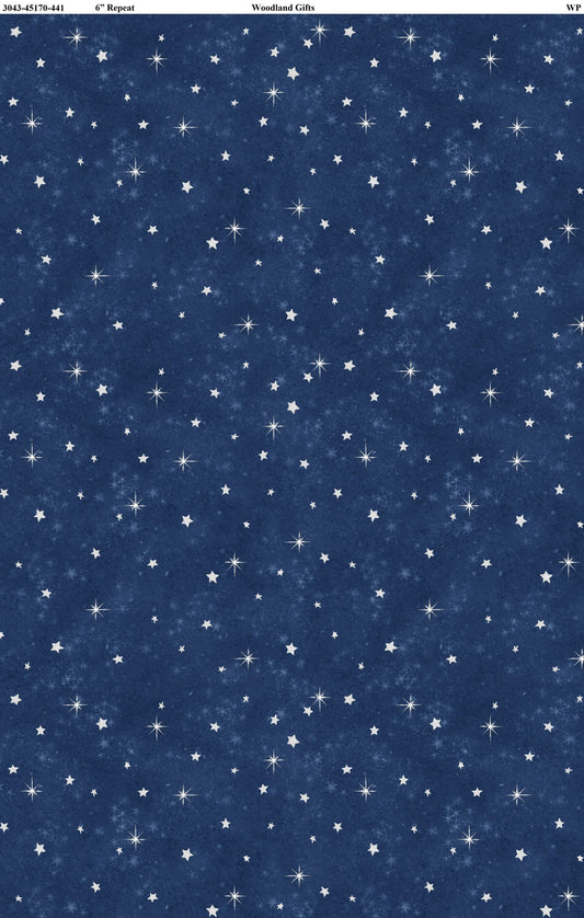 Woodland Gifts Star Toss Navy Blue By Makiko for Wilmington Prints.