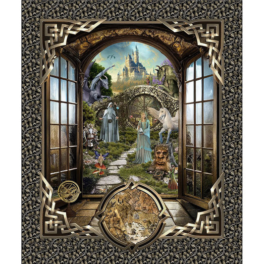 In The Beginnings Fabric - Legendary Journeys Dragons, Wizards, Faries, Elves & Unicorn Panel