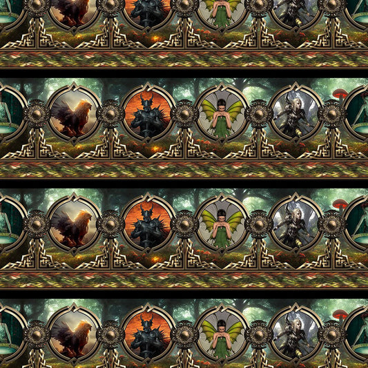 In The Beginnings Fabric - Legendary Journeys Fantasy Characters Repeating Stripe