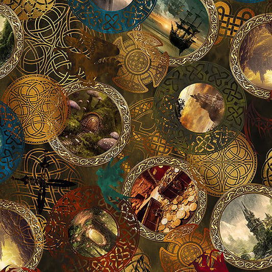 In The Beginnings Fabric - Legendary Journeys Fantasy World Vintage Coins