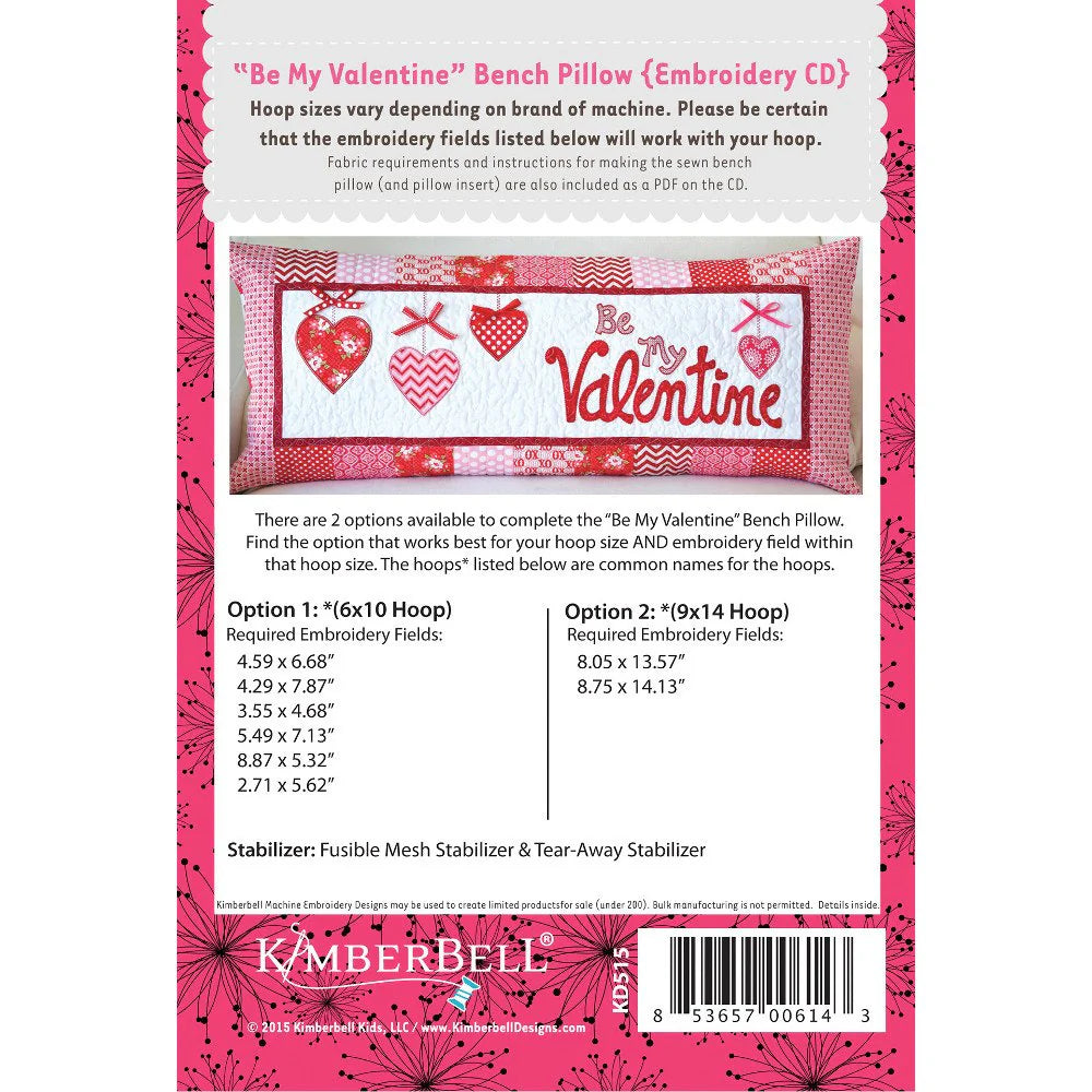 Be My Valentine Bench Pillow Embroidery CD