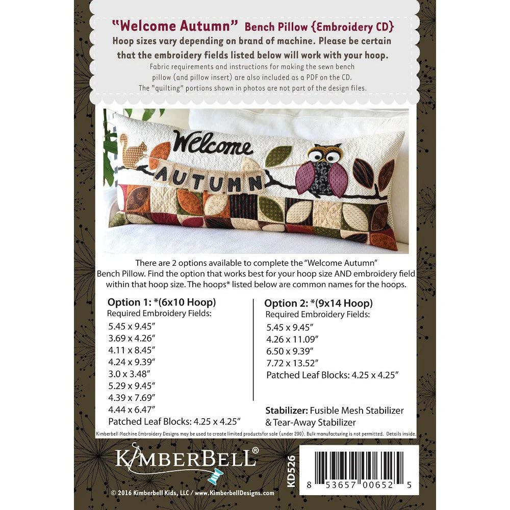 Welcome Autumn Bench Pillow Embroidery CD - KimberBell Designs