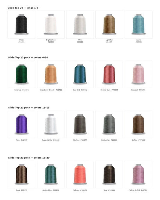 Glide Top 20 best-seller King Spool color chart — 20 colors included in the pack