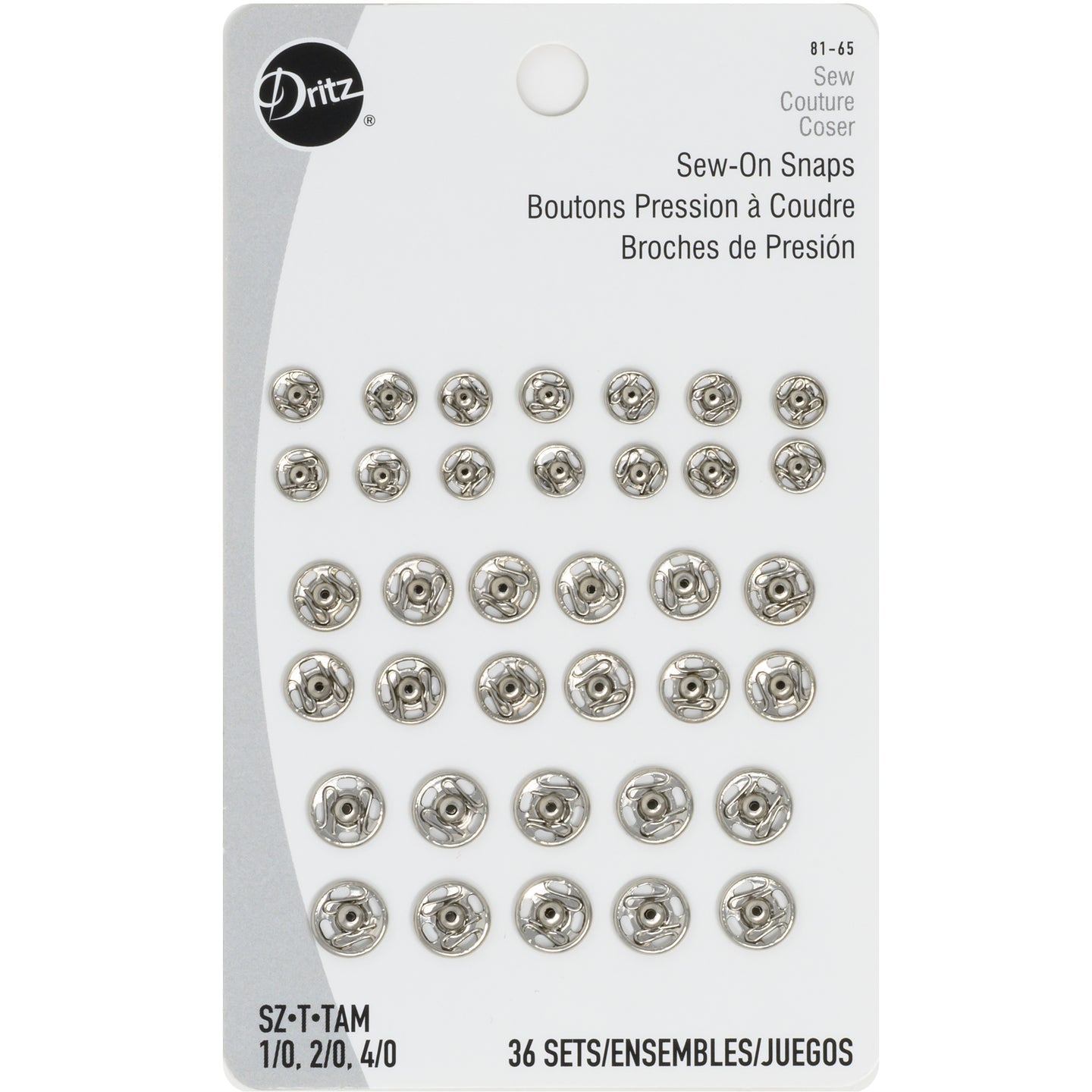 Dritz Sew-On Snapps Size 1/0, 2/0, 4/0 36 Sets, Nickel