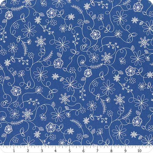 Floral Swirl White On Blue - Kimberbell Basics / Maywood Studio