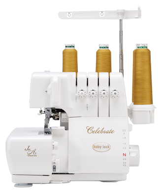 Baby Lock Celebrate serger with gold thread cones, front view
