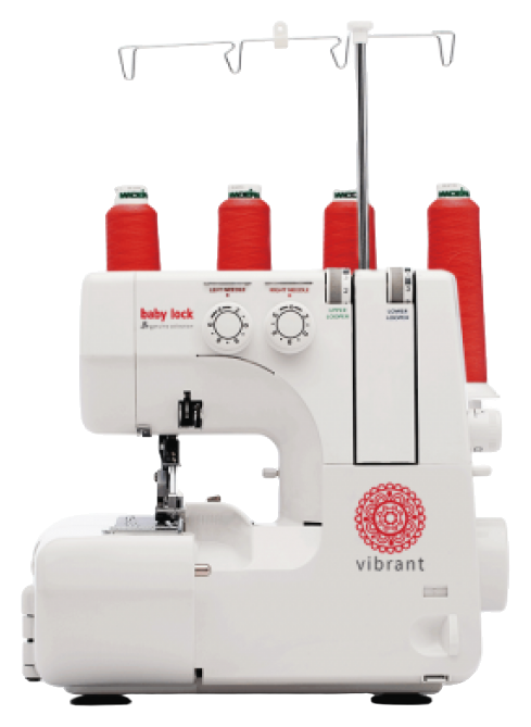 Baby Lock Vibrant 4-thread serger with red thread, front view
