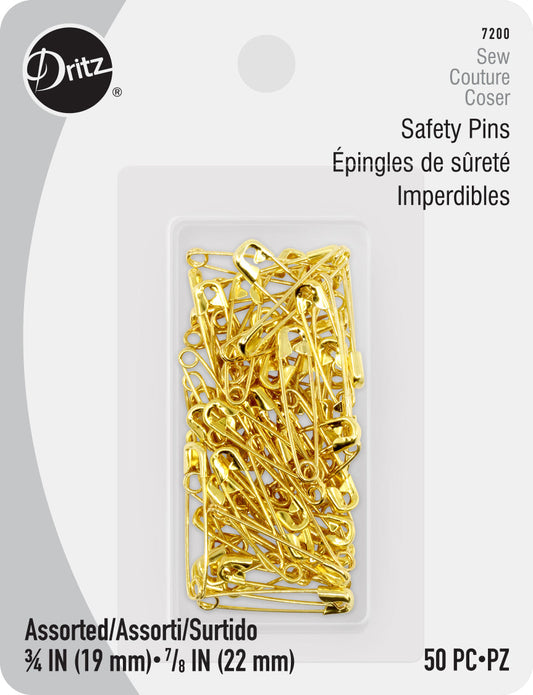 Dritz Saftey Pins, Assorted Sizes, GILT, 50pc