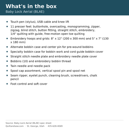 What's in the box - Baby Lock Aerial Sewing and Embroidery Machine