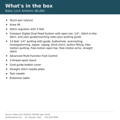 Baby Lock Anthem what's in the box list