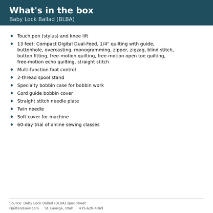 What's in the box - Baby Lock Ballad Quilting and Sewing Machine
