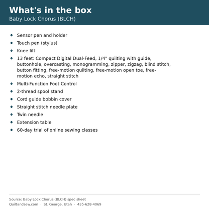 What's in the box - Baby Lock Chorus Quilting and Sewing Machine