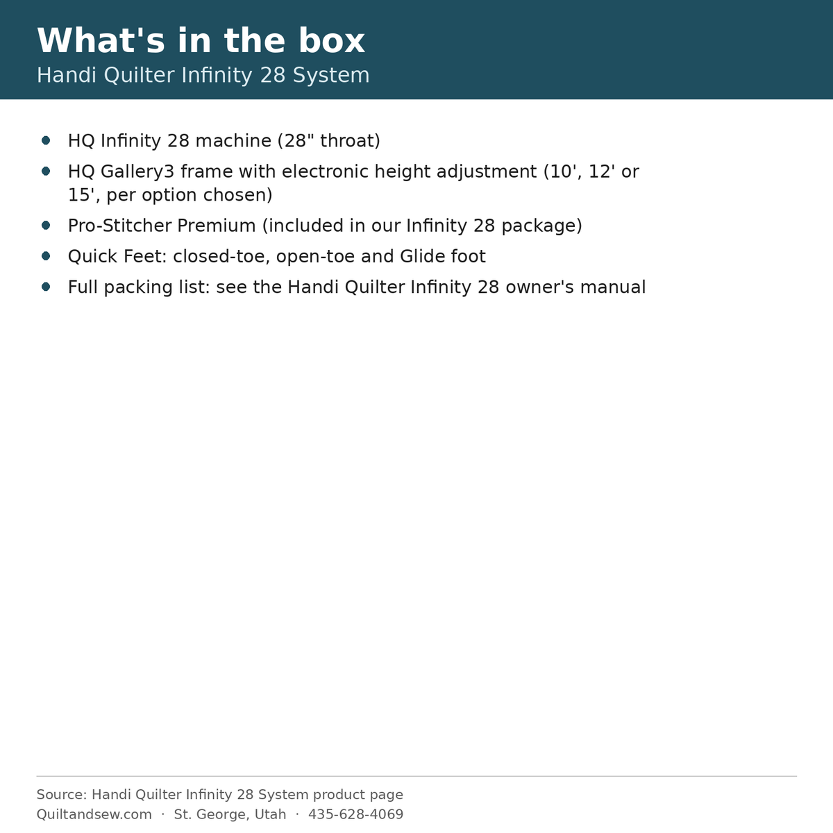 Handi Quilter Infinity 28 what's in the box list