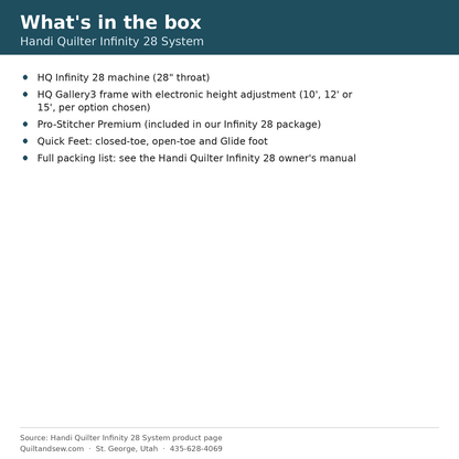 Handi Quilter Infinity 28 what's in the box list