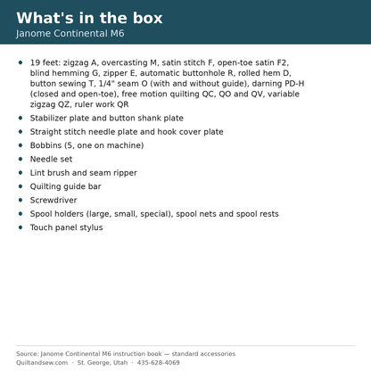 Janome Continental M6 what's in the box list