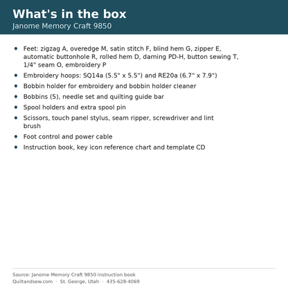 What's in the box - Janome Memory Craft 9850