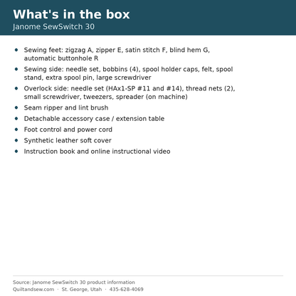 What's in the box - Janome SewSwitch 30
