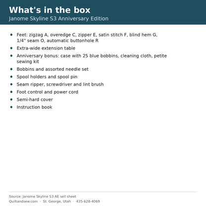 What's in the box - Janome Skyline S3 Anniversary Edition