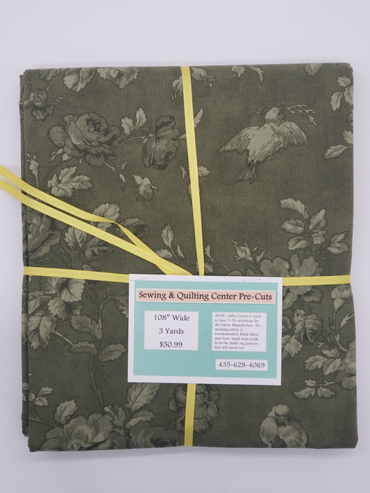 108" Pre-Cut Dark Green Floral and Birds 3 yards
